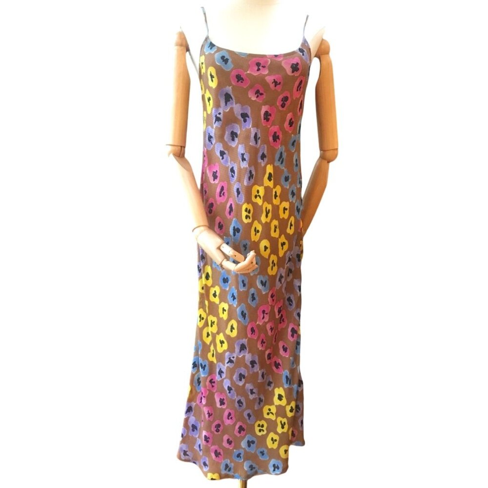 "Rare" Vintage Pansy Floral Silk Slip Midi Dress by Ken Done